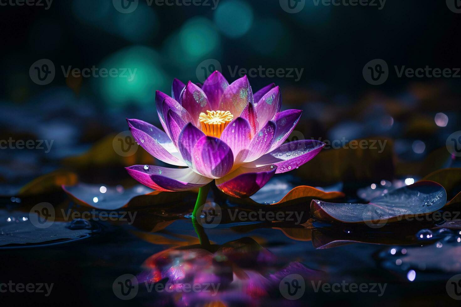 Beautiful pink water lily or lotus flower on dark background AI Generated photo