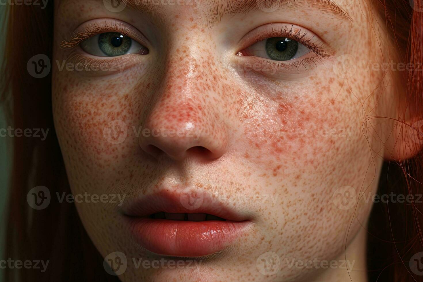 a close up of a woman with freckles AI generated photo