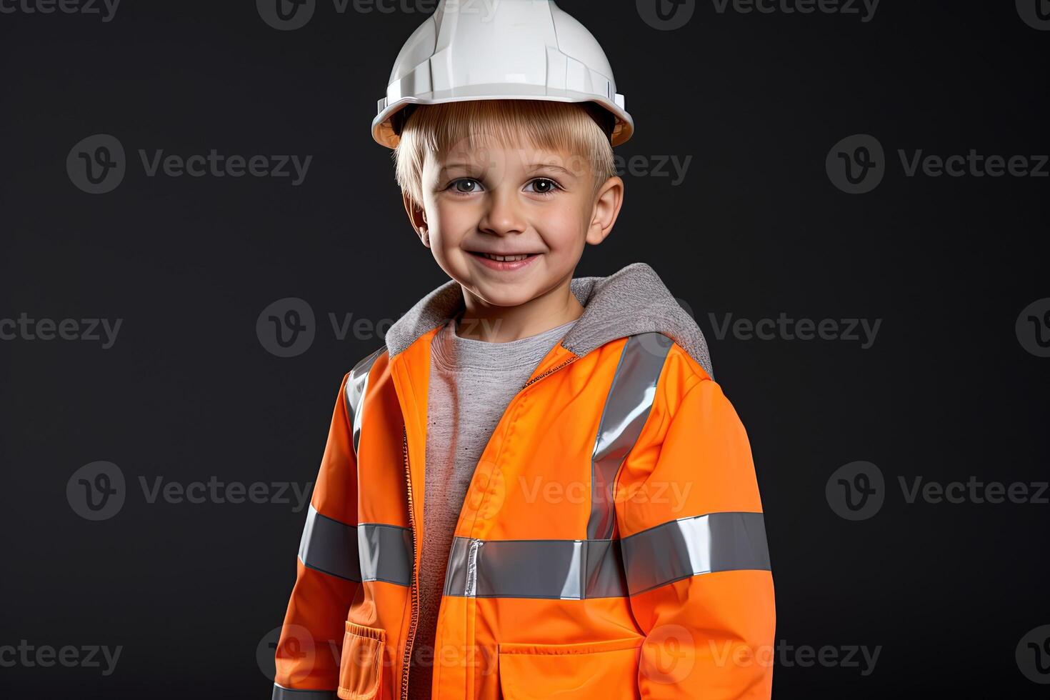 retrato de un linda pequeño chico en un construcción casco ai generado foto