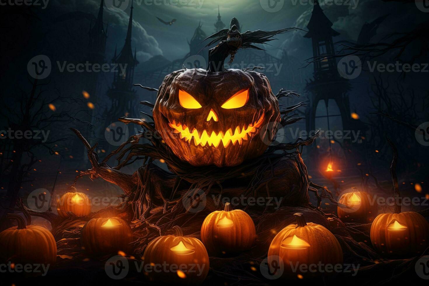 Halloween pumpkin head jack lantern with candles on dark background. Halloween concept AI Generated photo
