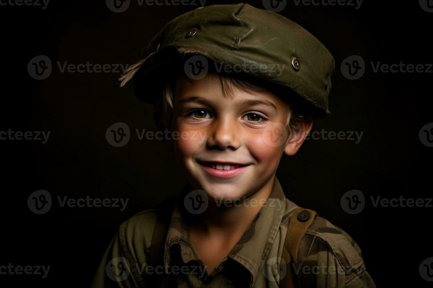 Portrait of a cute little boy in military uniform on dark background AI Generated photo