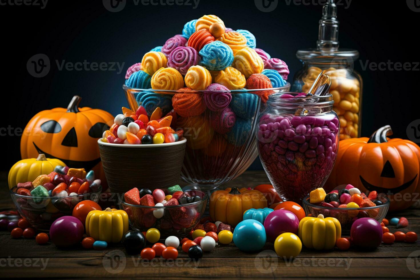 Ai Generated. Halloween candies and sweets on dark background photo