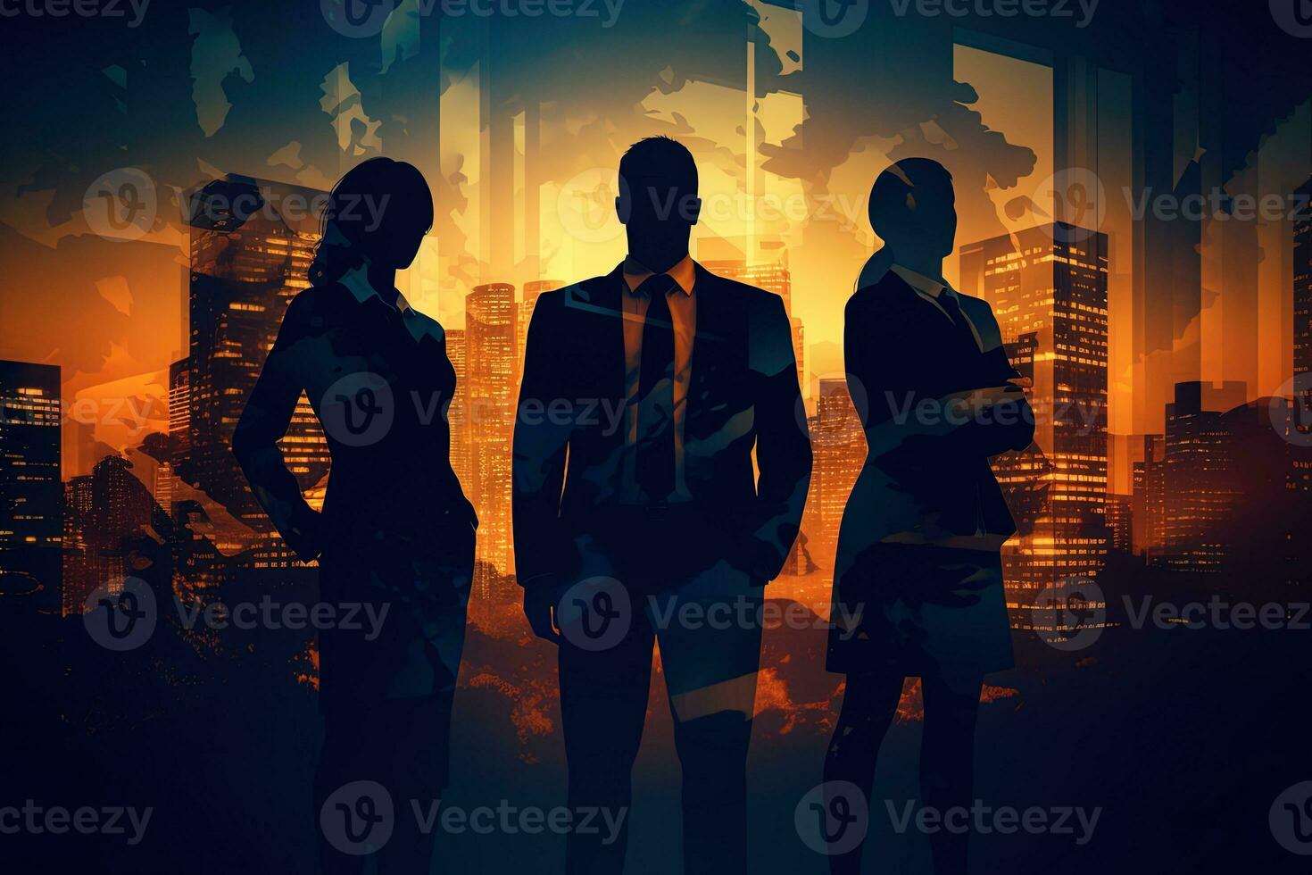 Silhouettes of business people standing in front of the city background AI Generated photo