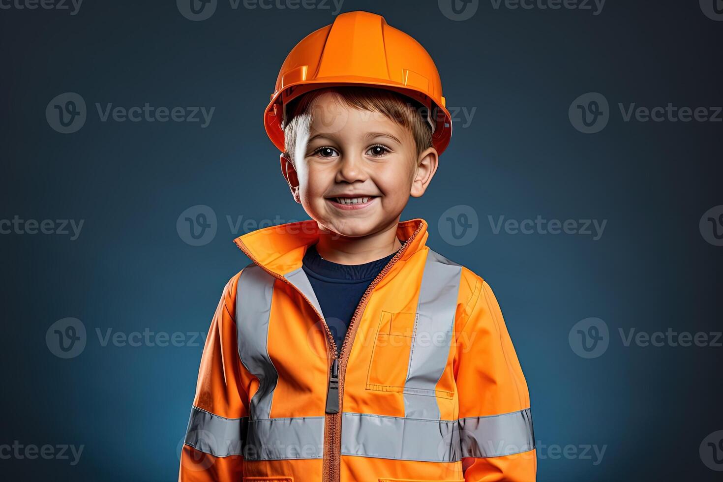 retrato de un linda pequeño chico en un construcción casco ai generado foto