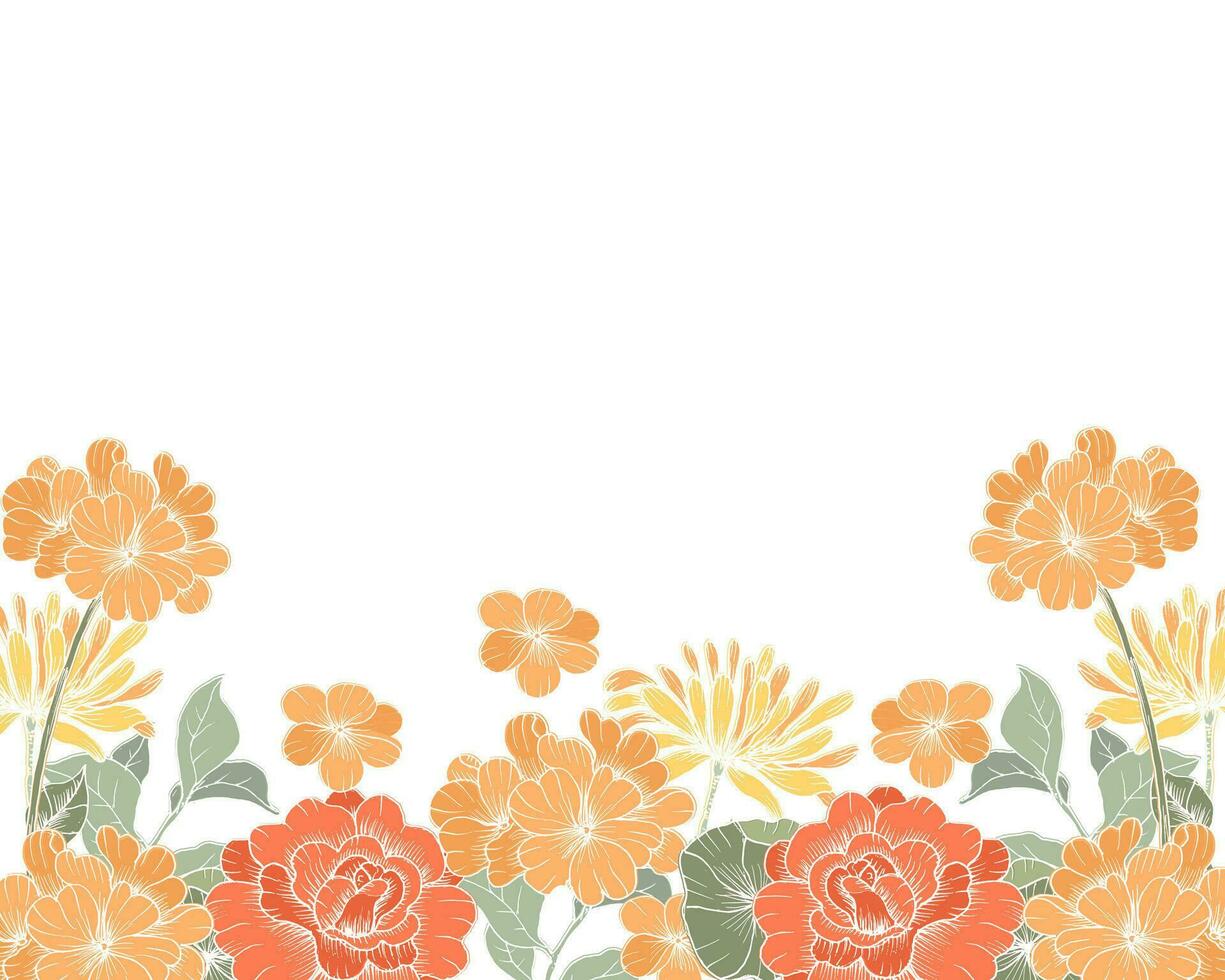 Hand Drawn Orange Rose and Wild Flower Background vector