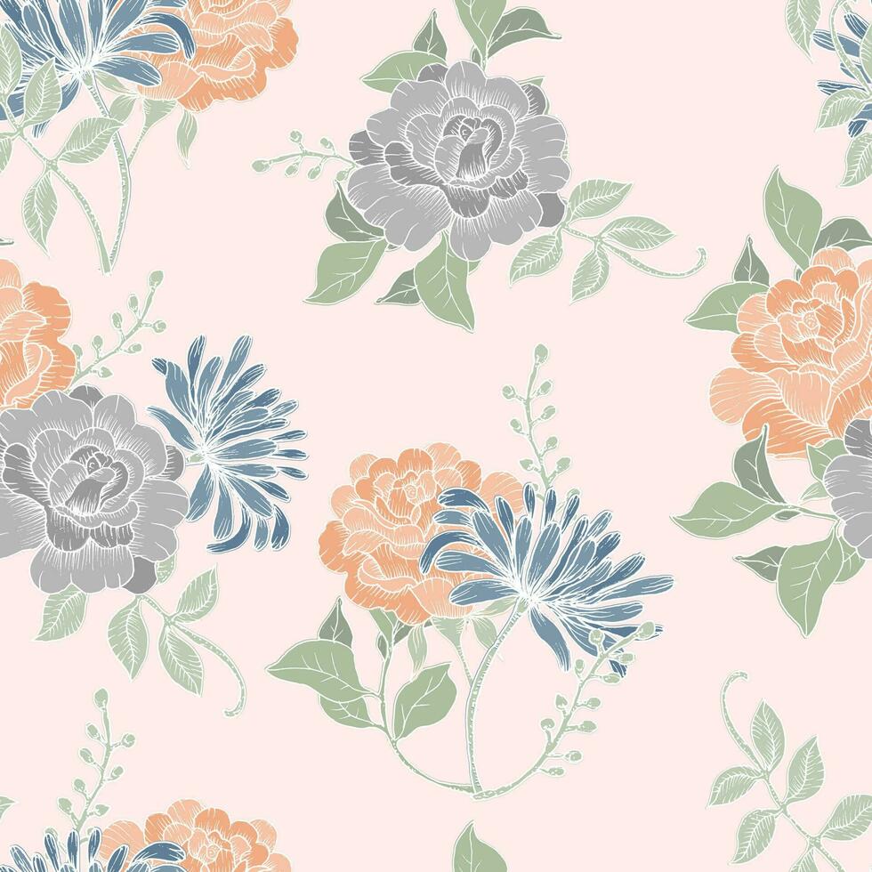 Hand Drawn Vintage Rose and Wild Flower Seamless Pattern vector