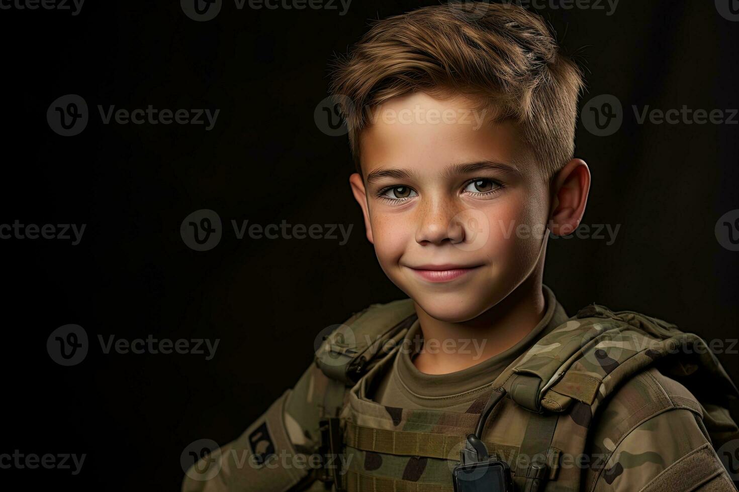 Portrait of a cute little boy in military uniform on dark background AI Generated photo