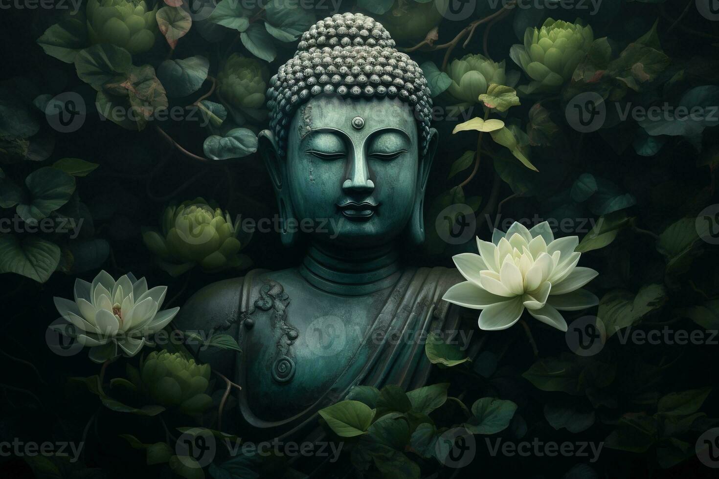 Buddha statue with lotus flower and green leaves background AI Generated photo