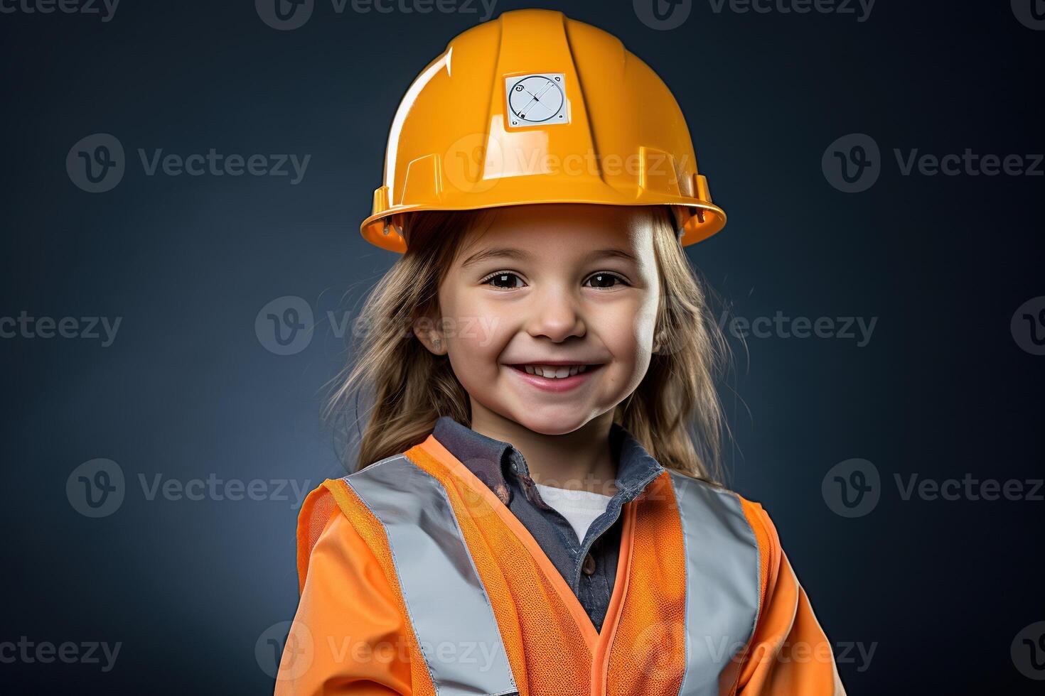 retrato de un sonriente pequeño niña en un construcción casco ai generado foto