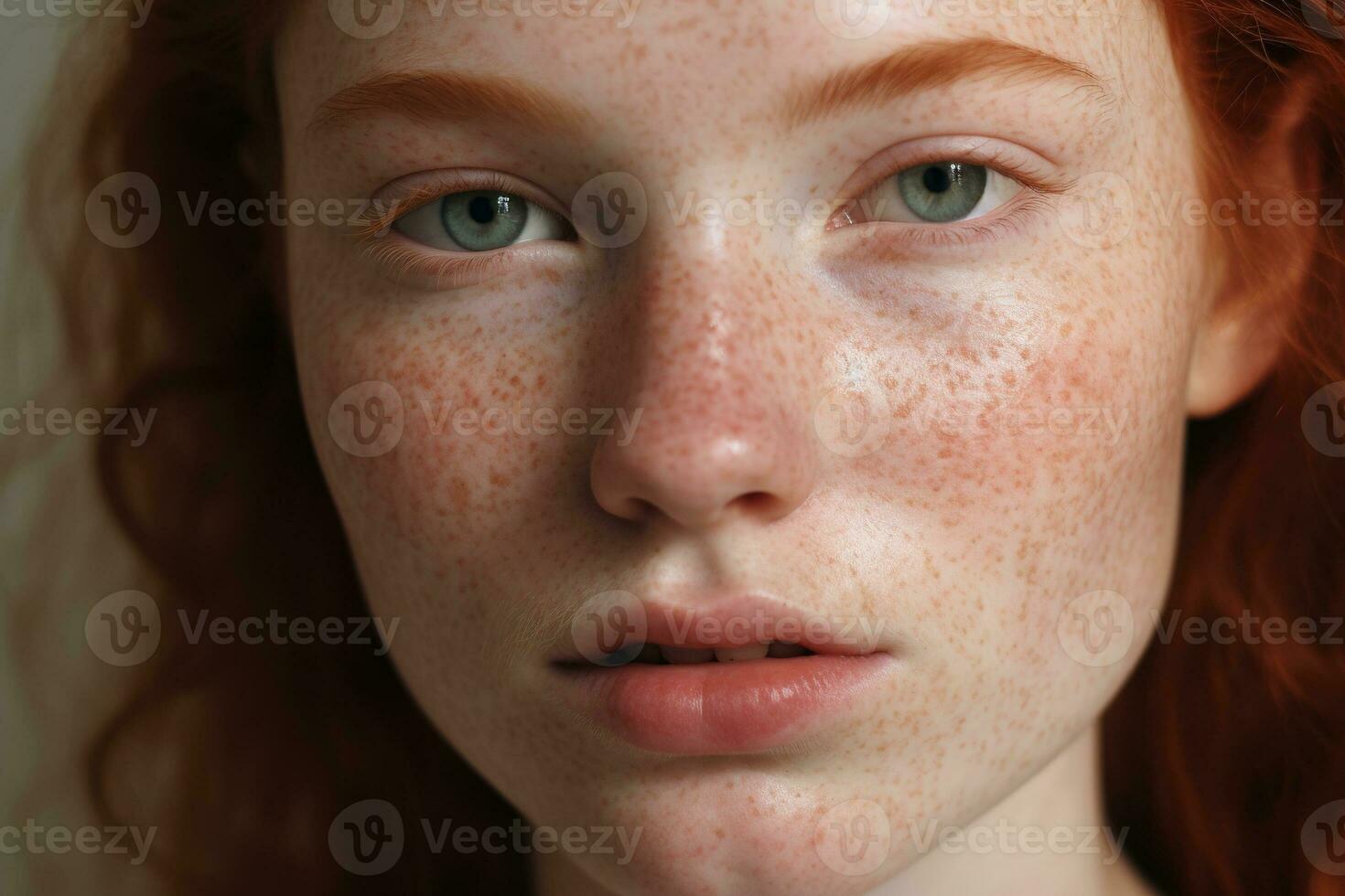 a close up of a woman with freckles AI generated photo
