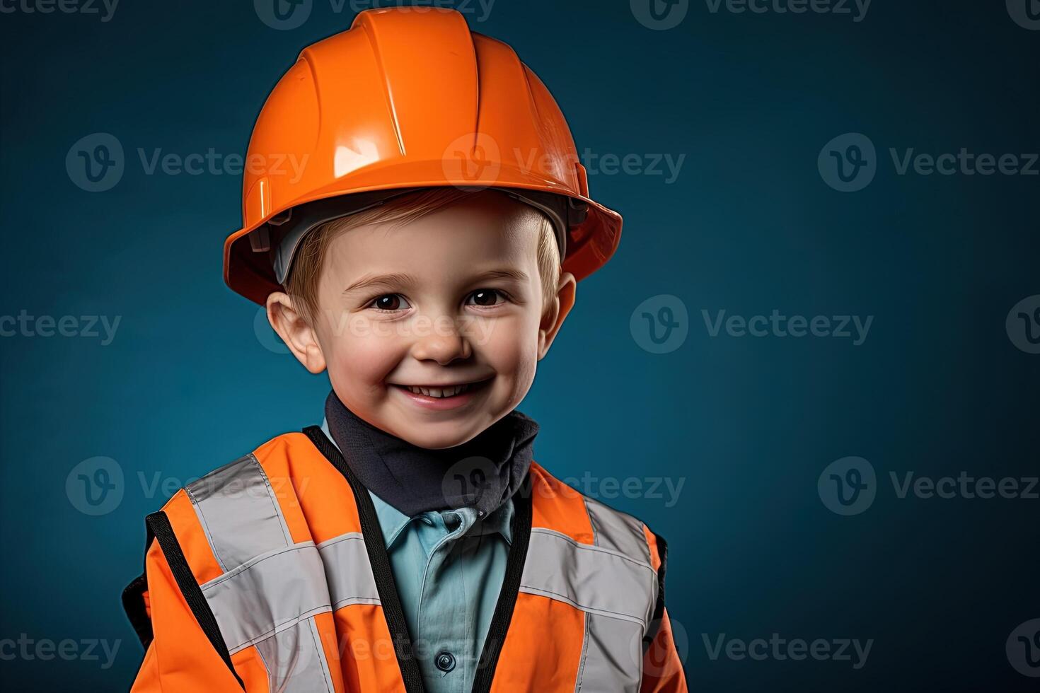 Portrait of a cute little boy in a construction helmet AI Generated photo