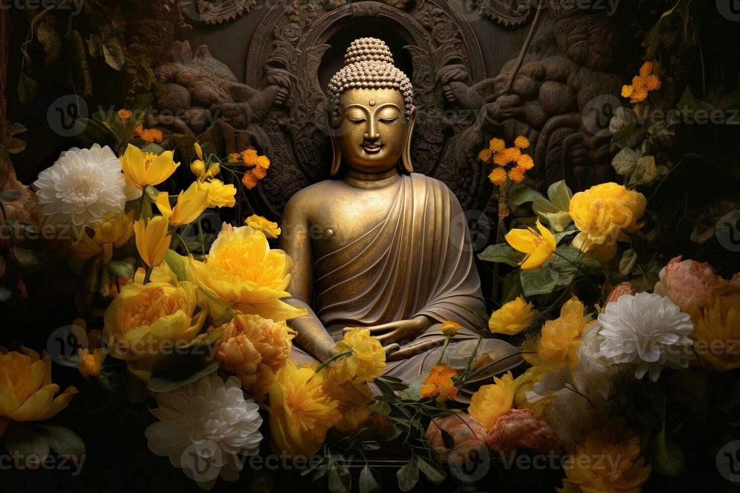 buddha statue surrounded by yellow flowers AI Generated photo