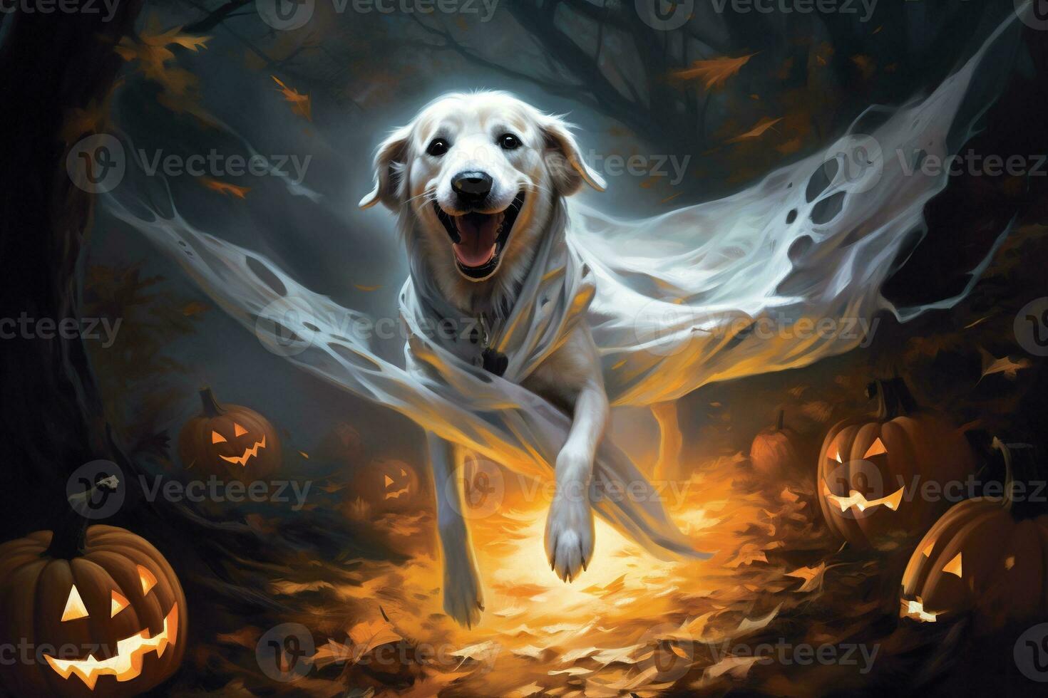Halloween theme. dog in ghost costume with pumpkins on dark background AI Generated photo