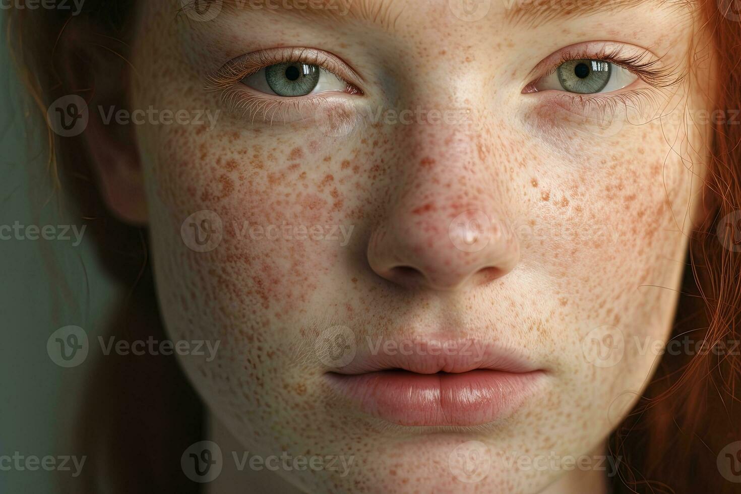 a close up of a woman with freckles AI generated photo