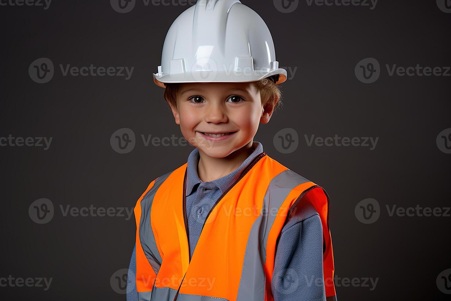 retrato de un linda pequeño chico en un construcción casco ai generado foto