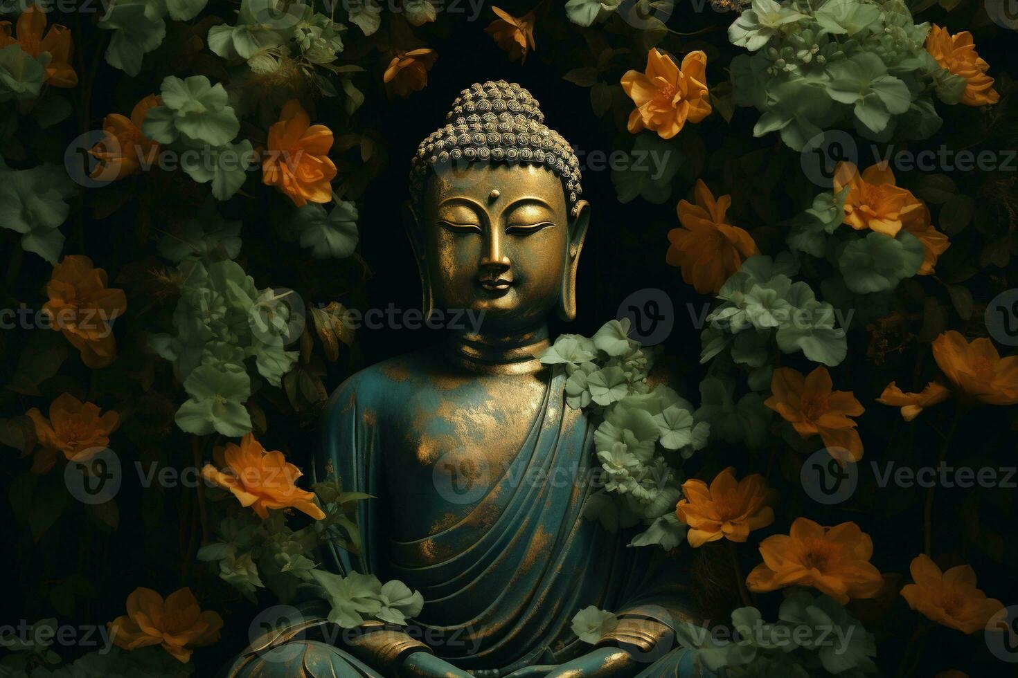 Buddha statue with lotus flower and green leaves background AI Generated photo