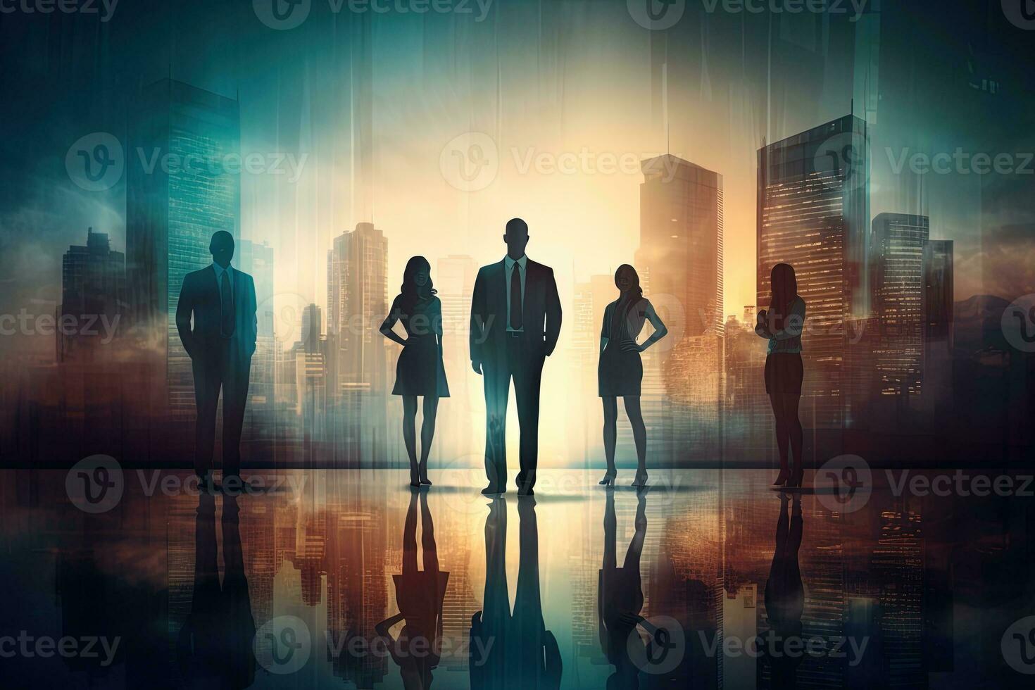 Silhouettes of business people standing in front of the city background AI Generated photo