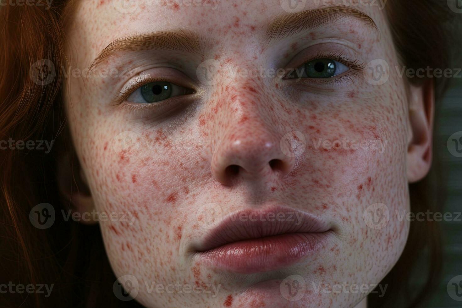 a close up of a woman with freckles AI generated photo