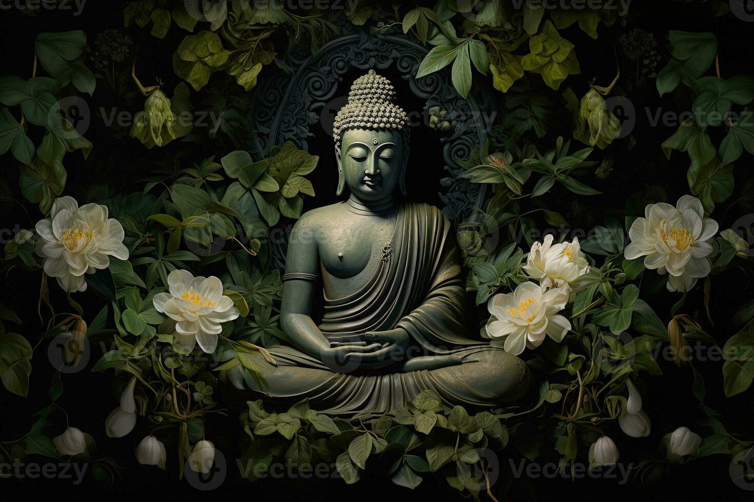 Buddha statue with lotus flower and green leaves background AI Generated photo