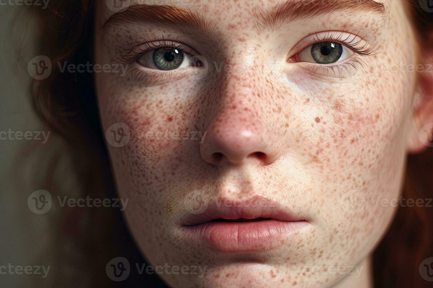 a close up of a woman with freckles AI generated photo