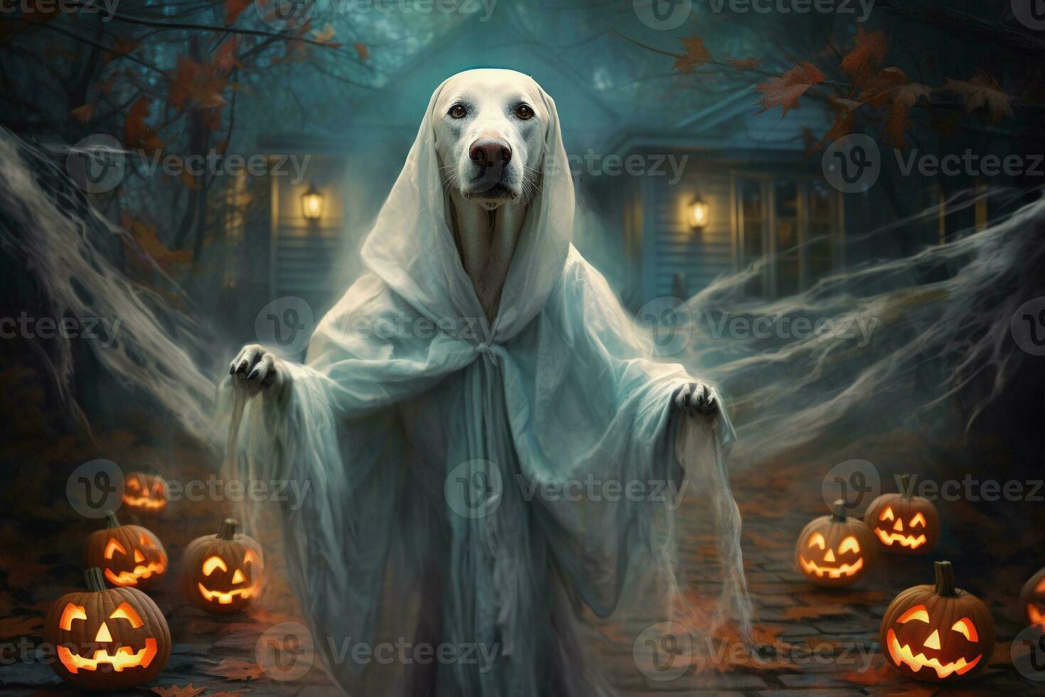 Halloween theme. dog in ghost costume with pumpkins on dark background AI Generated photo