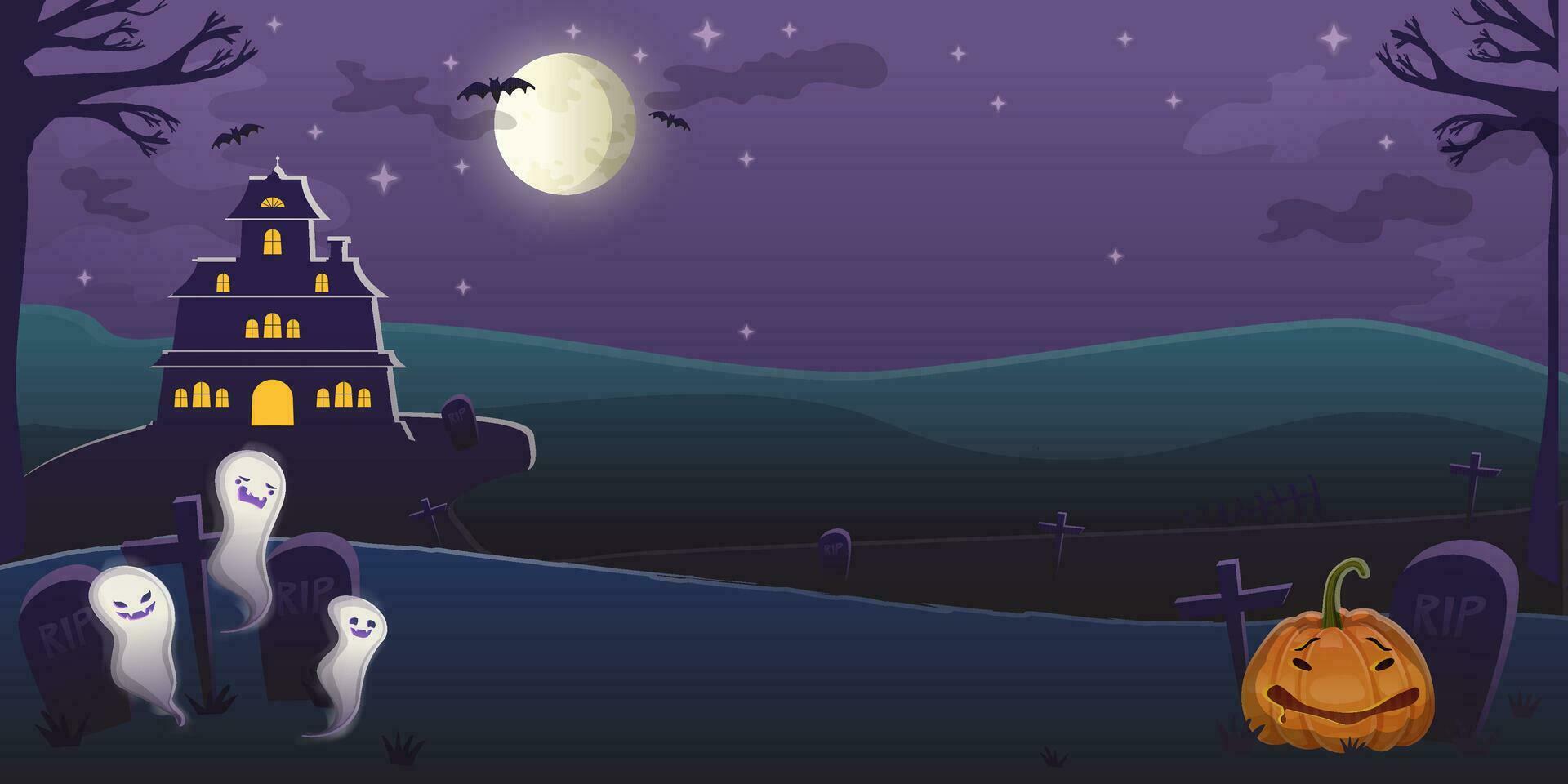 Halloween purple background with night moon, with castle, ghosts and pumpkin, graves. vector