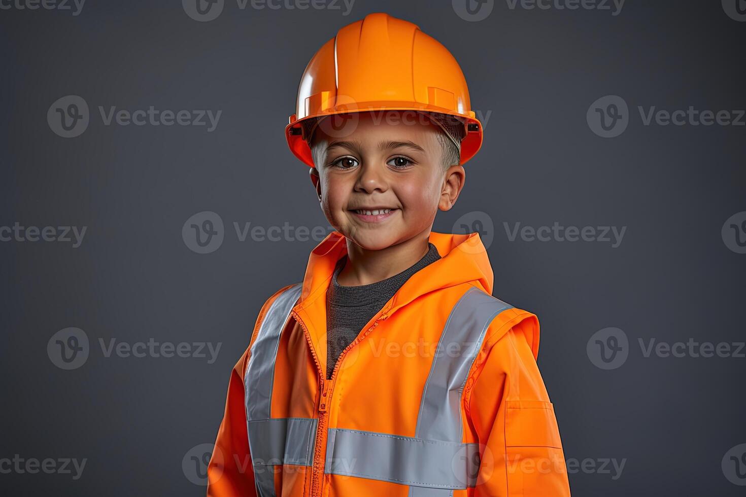 retrato de un linda pequeño chico en un construcción casco ai generado foto