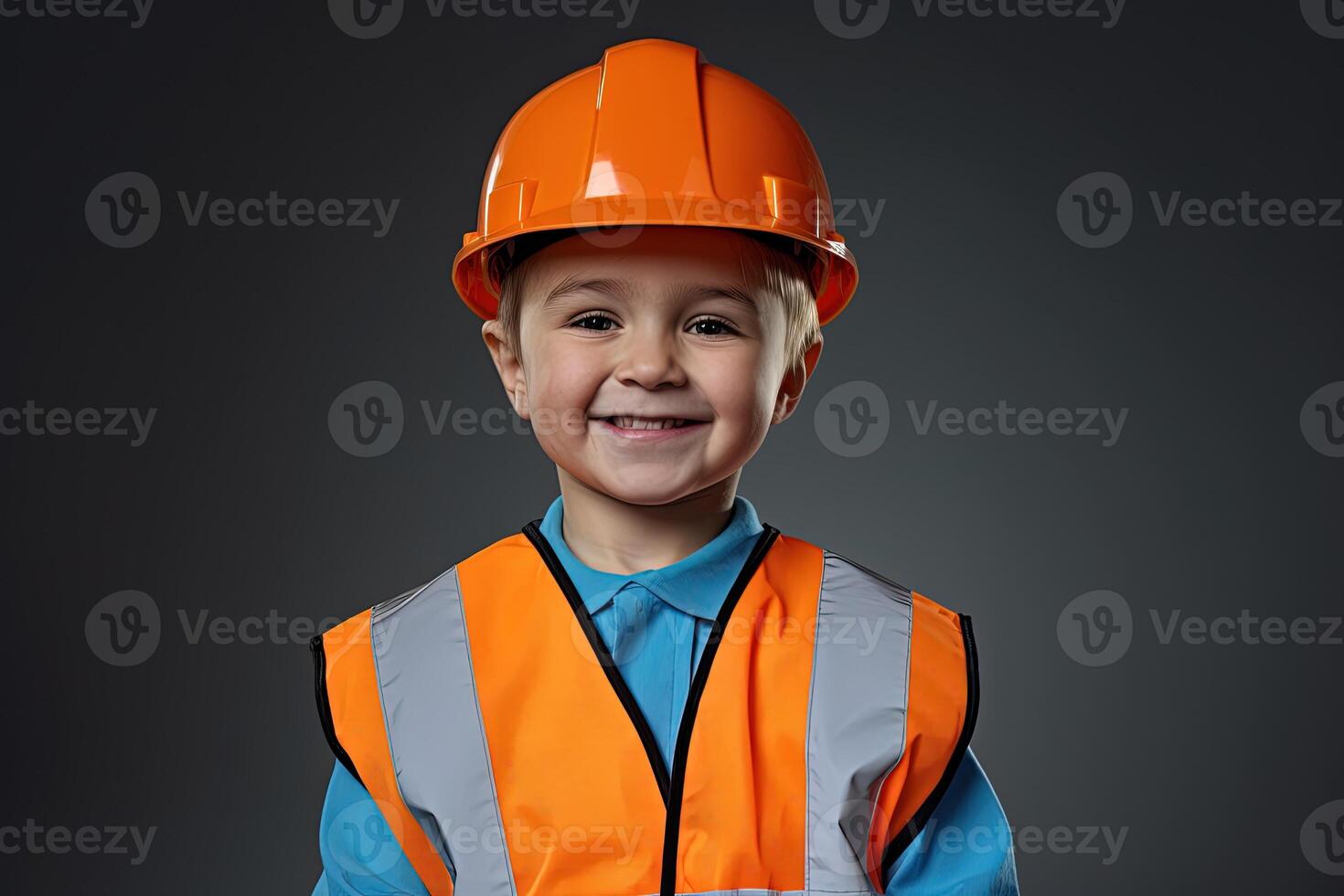 retrato de un linda pequeño chico en un construcción casco ai generado foto