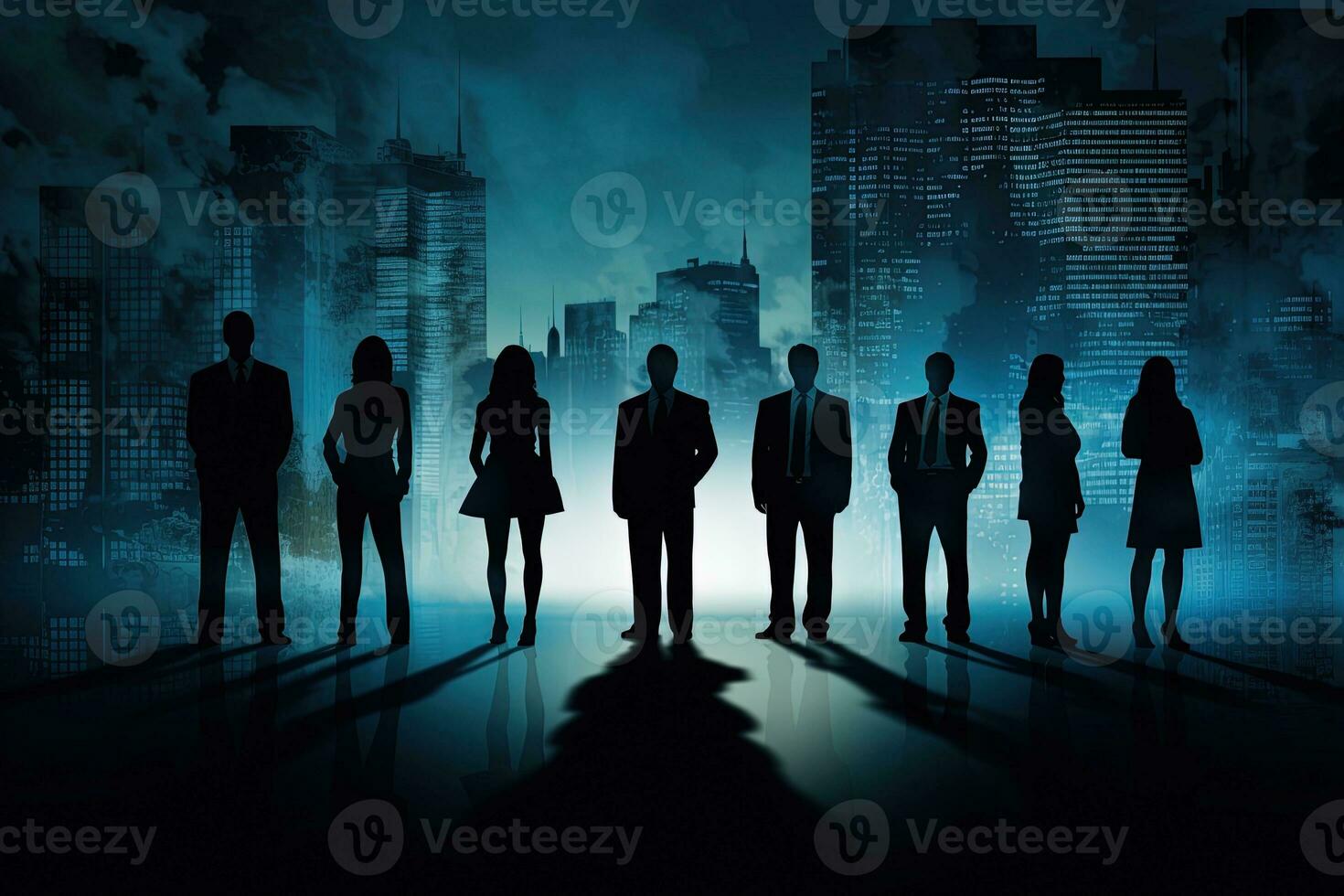 Silhouettes of business people standing in front of the city background AI Generated photo