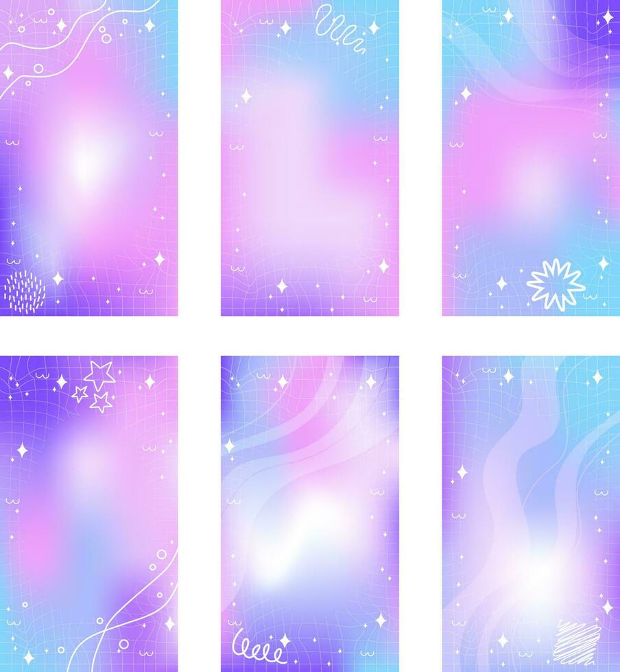 Trendy set of purple pink blurry mesh gradient abstract stories template background with copy space and hand drawn Kawaii Y2K vector