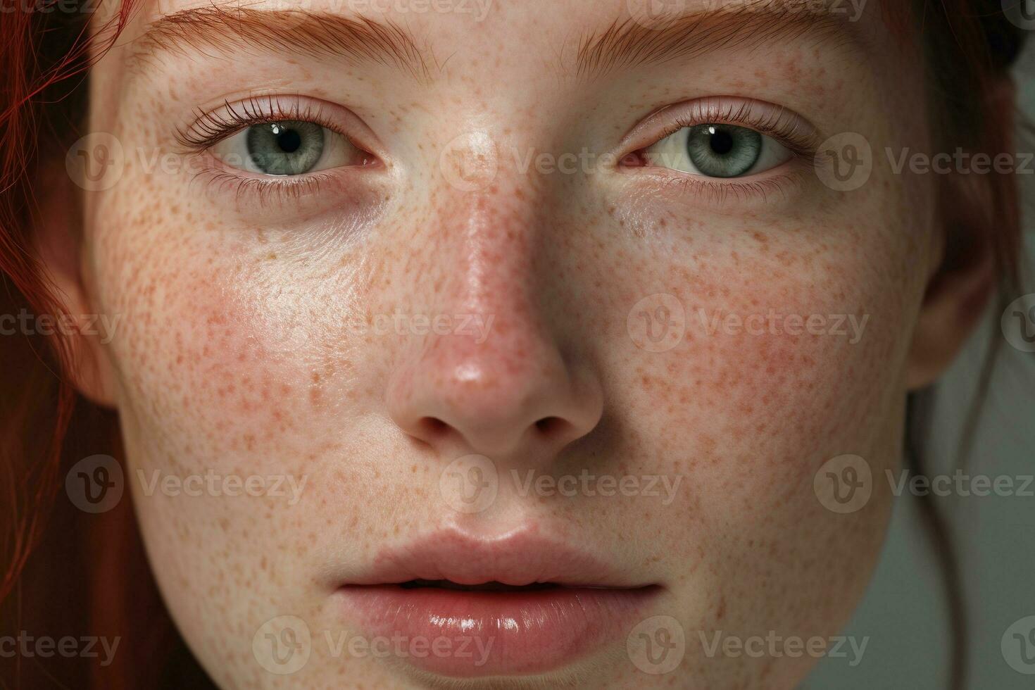 a close up of a woman with freckles AI generated photo