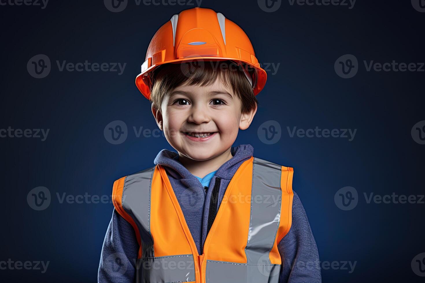 retrato de un linda pequeño chico en un construcción casco ai generado foto