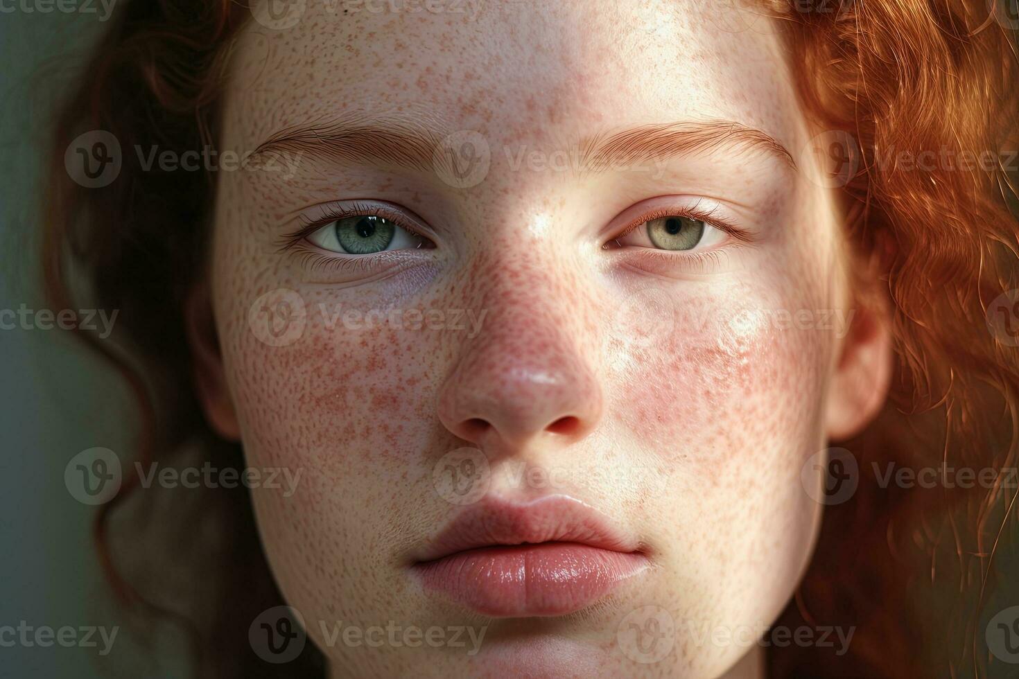 a close up of a woman with freckles AI generated photo