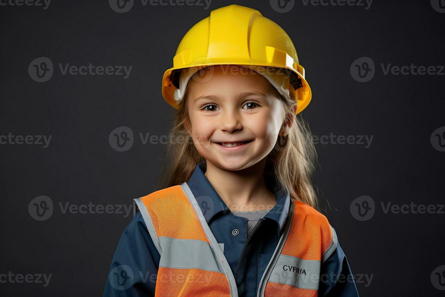 retrato de un sonriente pequeño niña en un construcción casco ai generado foto