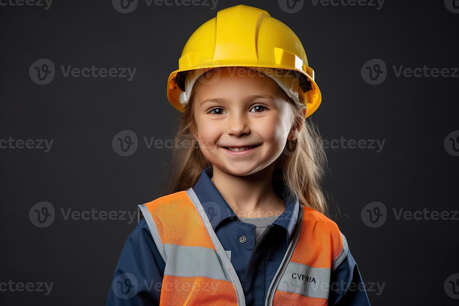 retrato de un sonriente pequeño niña en un construcción casco ai generado foto