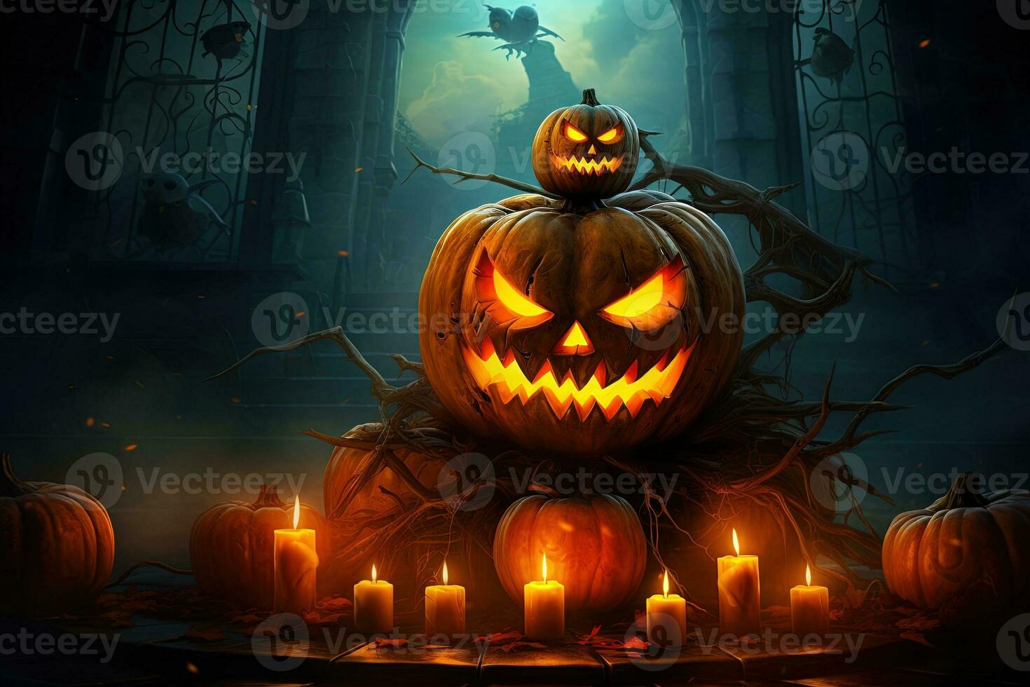 Halloween pumpkin head jack lantern with candles on dark background. Halloween concept AI Generated photo