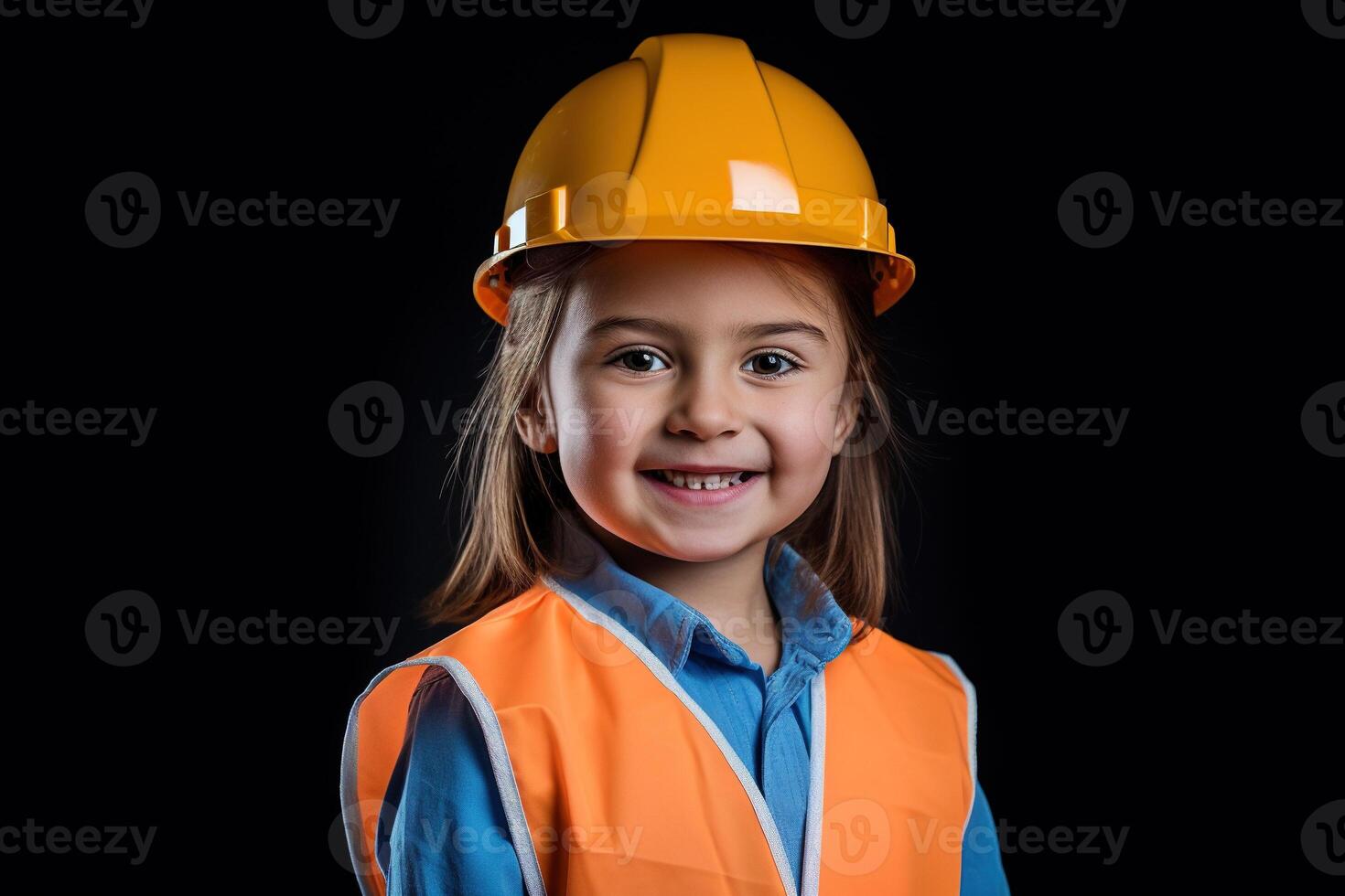 Portrait of a smiling little girl in a construction helmet photo