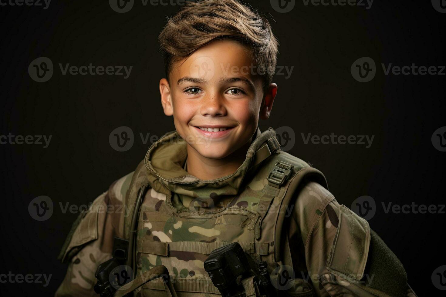 retrato de un linda pequeño chico en militar uniforme en oscuro antecedentes ai generado foto