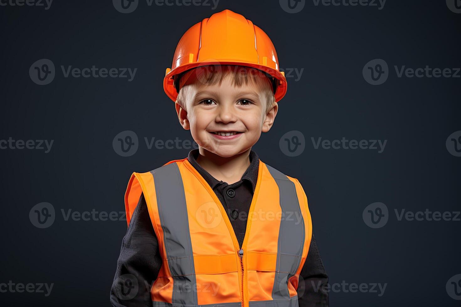 retrato de un linda pequeño chico en un construcción casco ai generado foto