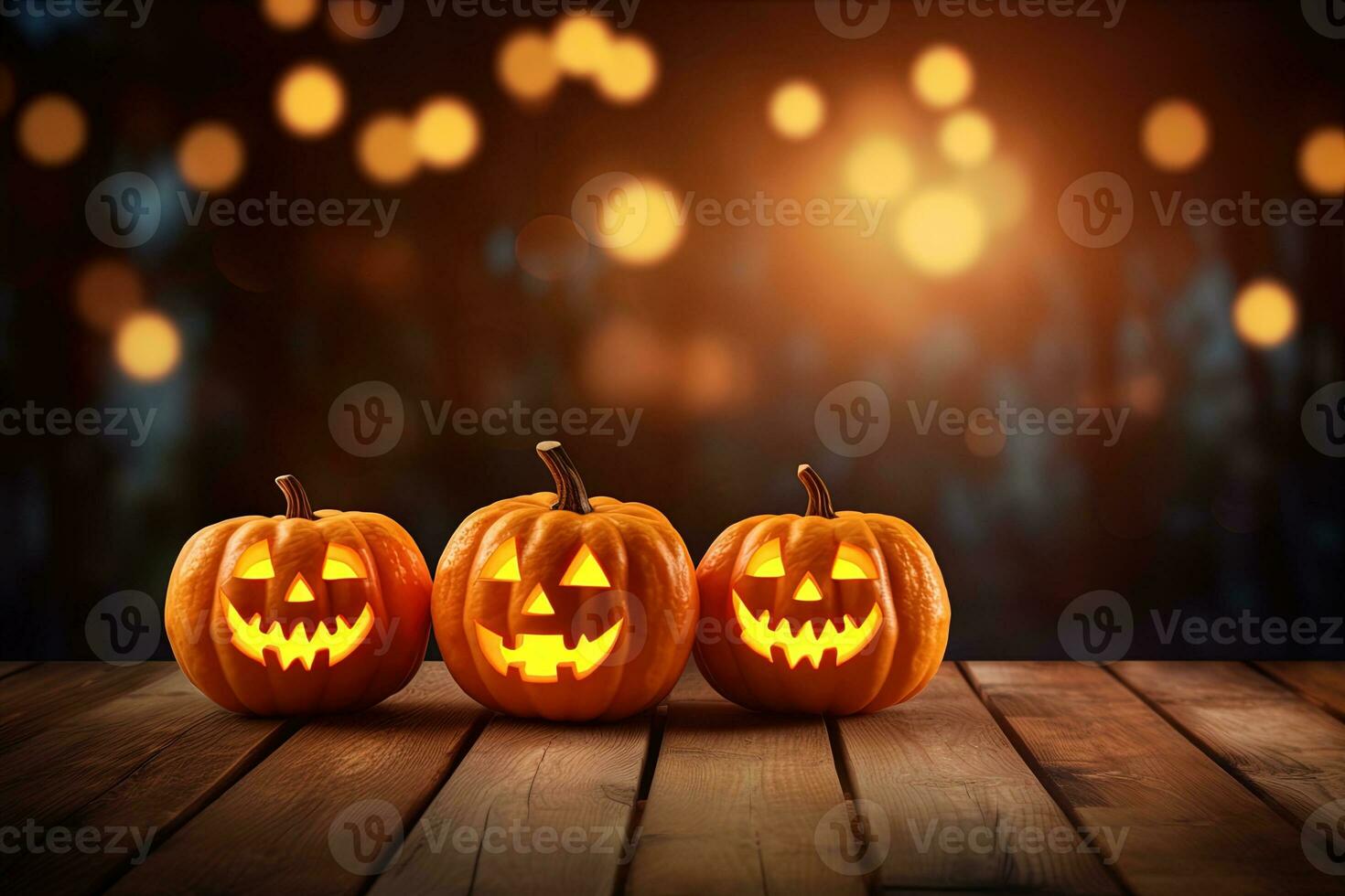 Halloween pumpkins on wooden table with bokeh lights background AI Generated photo