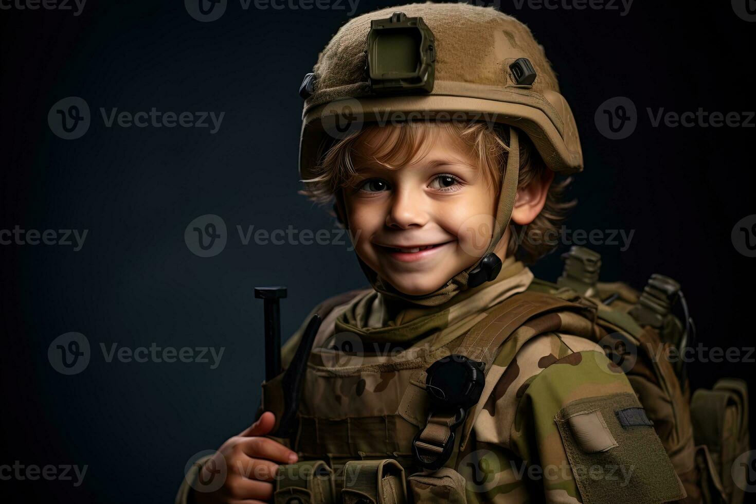 retrato de un linda pequeño chico en militar uniforme en oscuro antecedentes ai generado foto