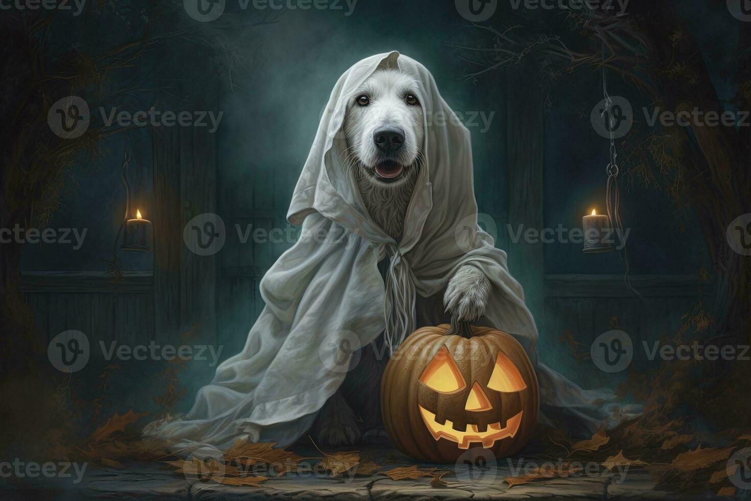 Halloween theme. dog in ghost costume with pumpkins on dark background AI Generated photo