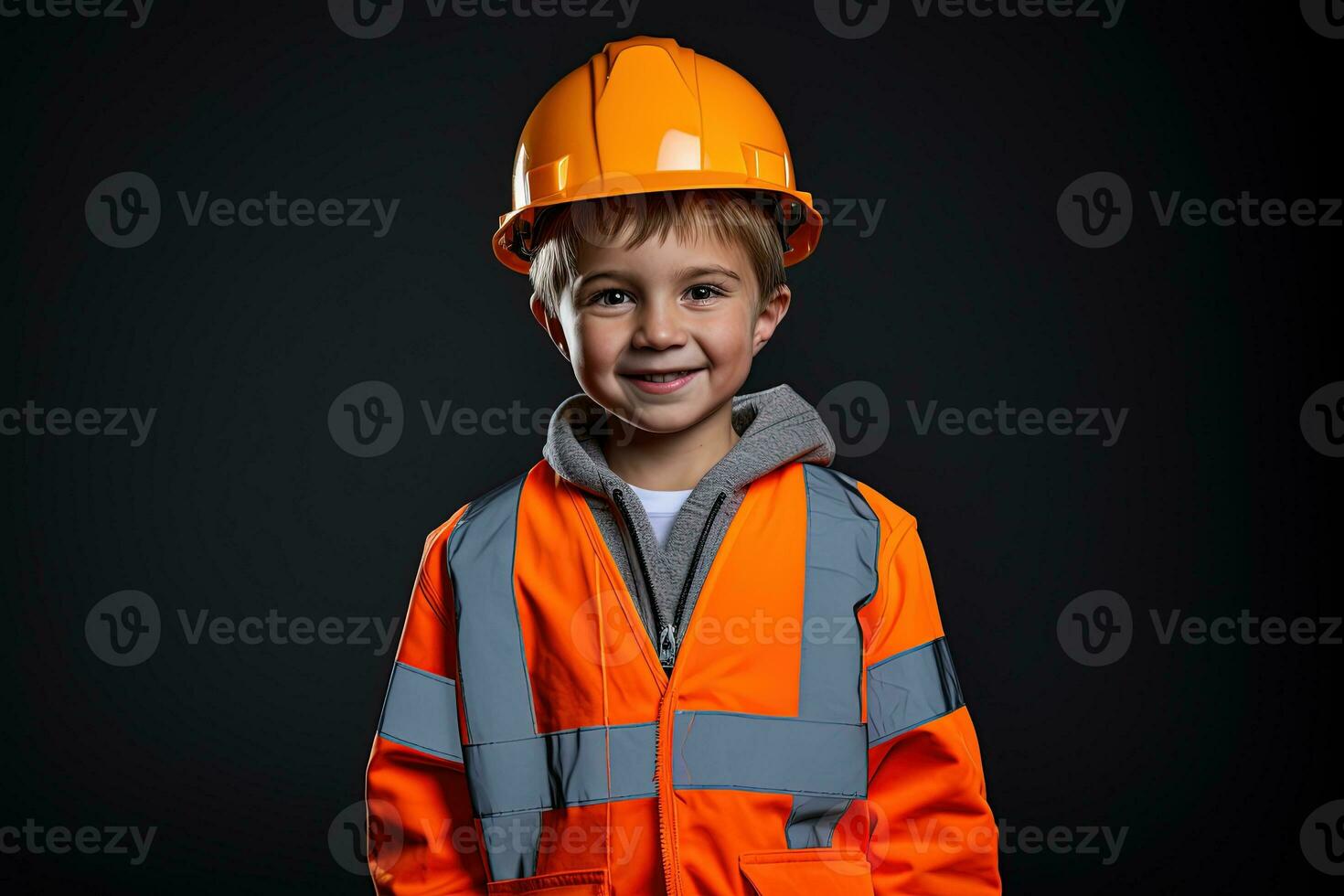 retrato de un linda pequeño chico en un construcción casco ai generado foto