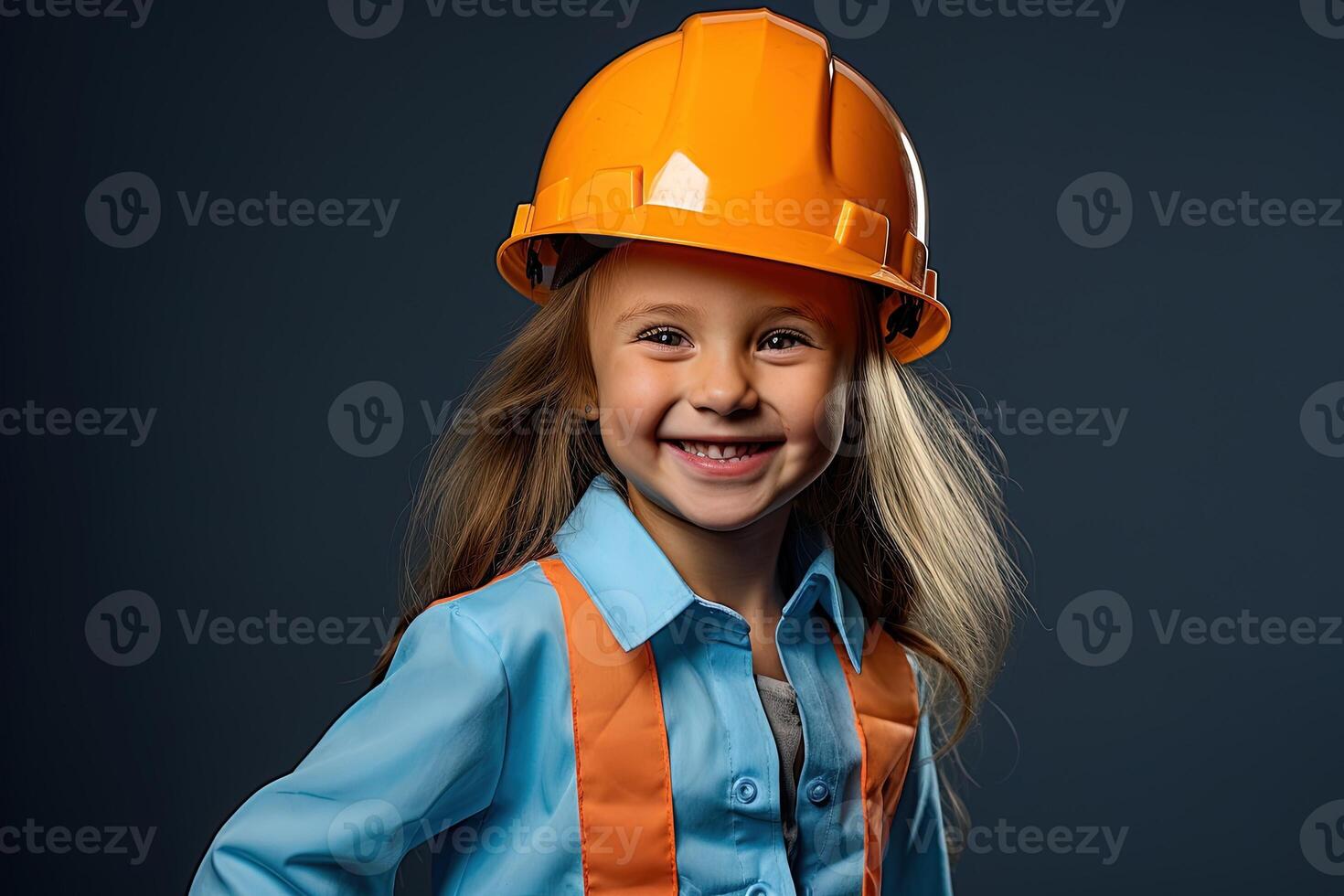 Portrait of a smiling little girl in a construction helmet photo