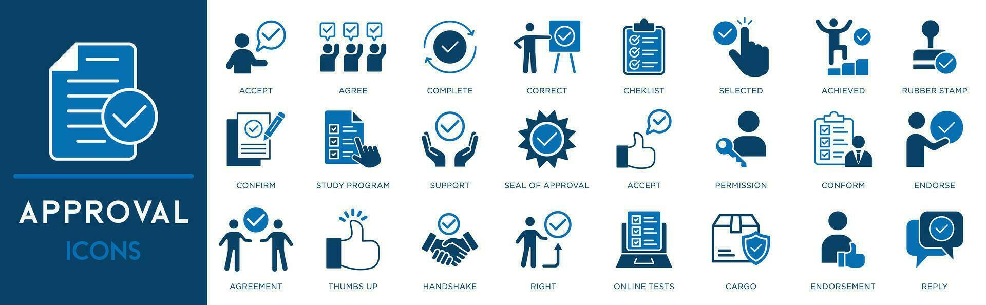 Approval icon set. Containing accept, certified, thumps up, agreement, approve, validation, seal approved, confirmation and decision icons. vector