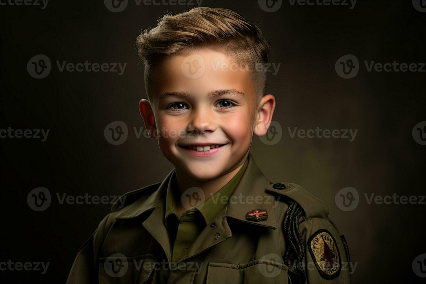 Portrait of a cute little boy in military uniform on dark background AI Generated photo