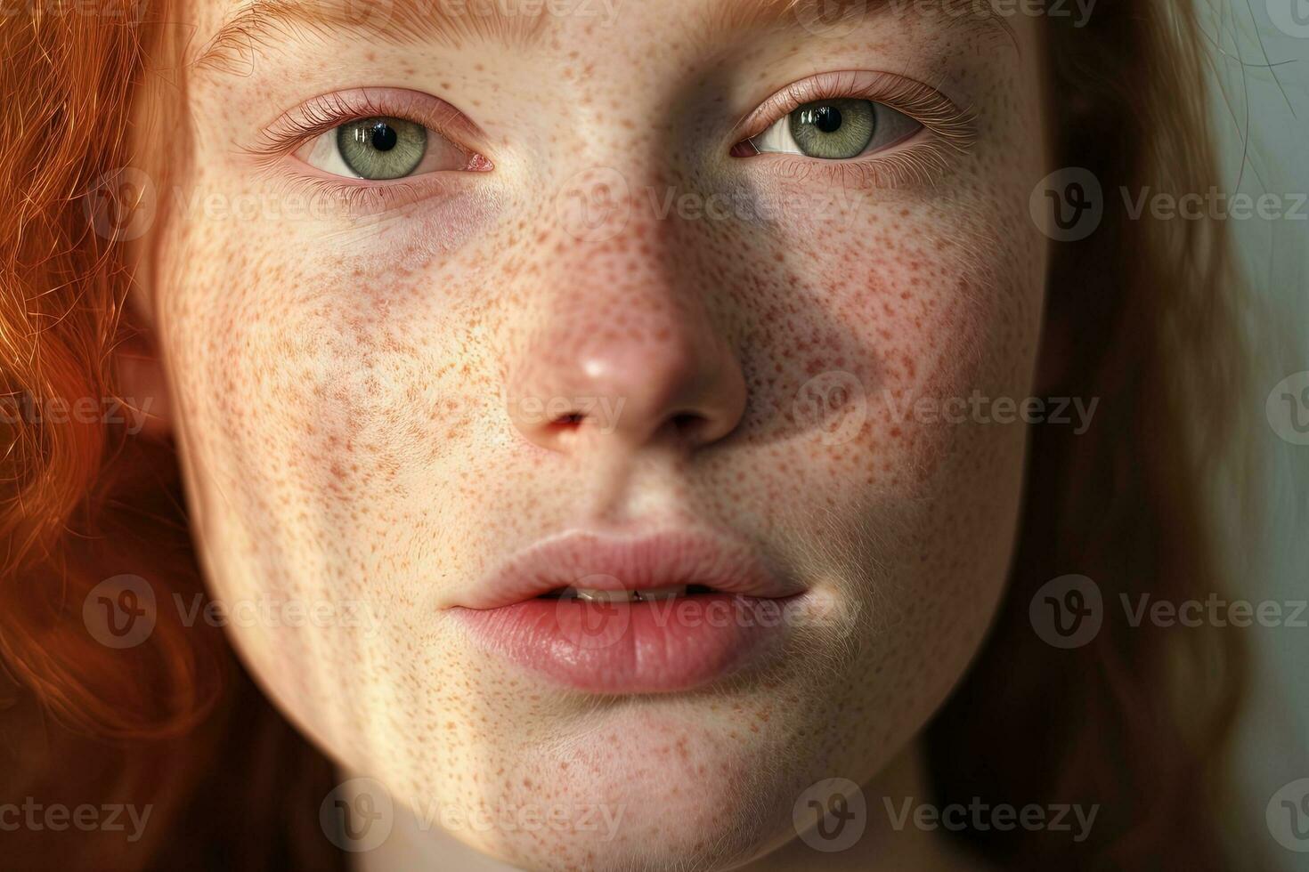 a close up of a woman with freckles AI generated photo