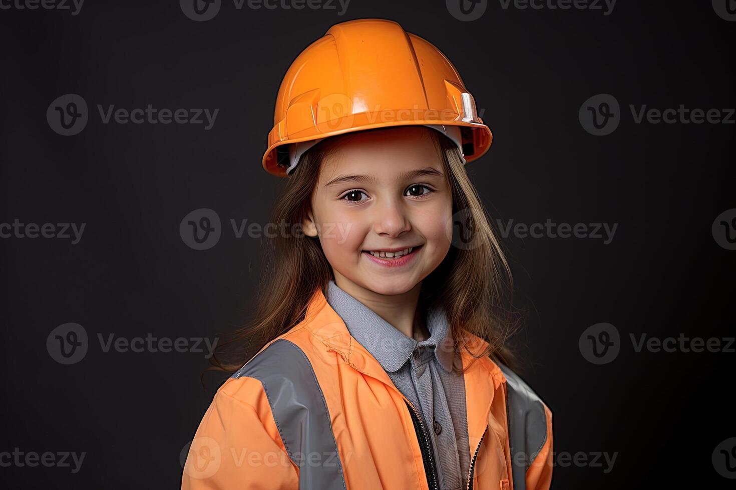 Portrait of a smiling little girl in a construction helmet photo