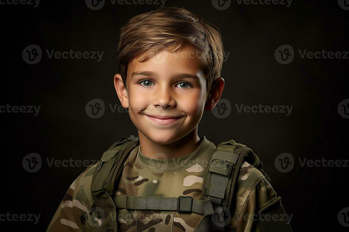 retrato de un linda pequeño chico en militar uniforme en oscuro antecedentes ai generado foto