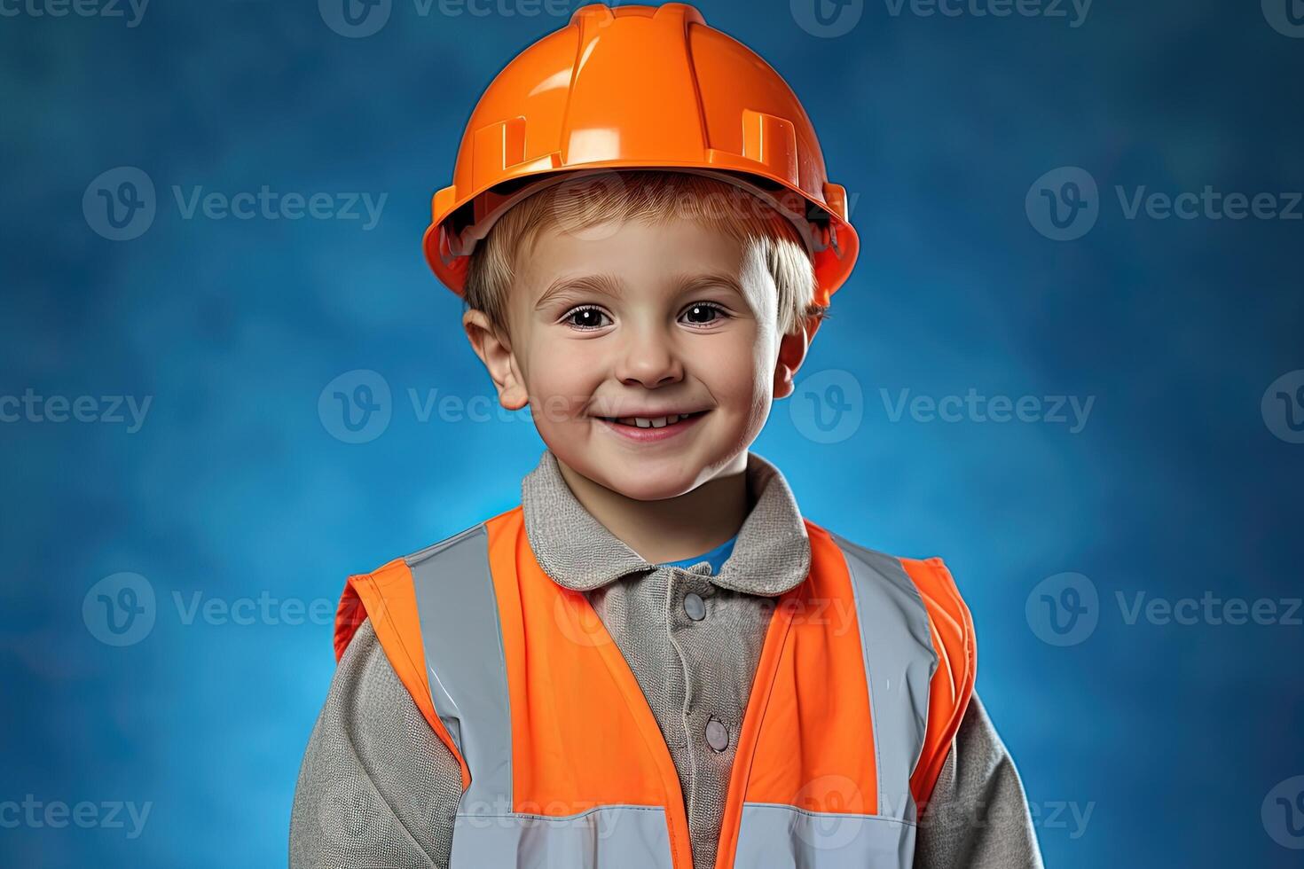 retrato de un linda pequeño chico en un construcción casco ai generado foto